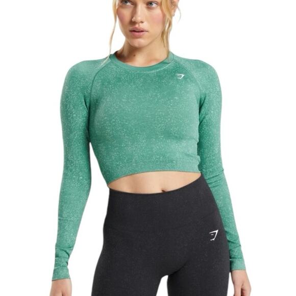 Gymshark Adapt Fleck Seamless Fitted Long Sleeve Crop Top Blue size XL - Picture 1 of 10